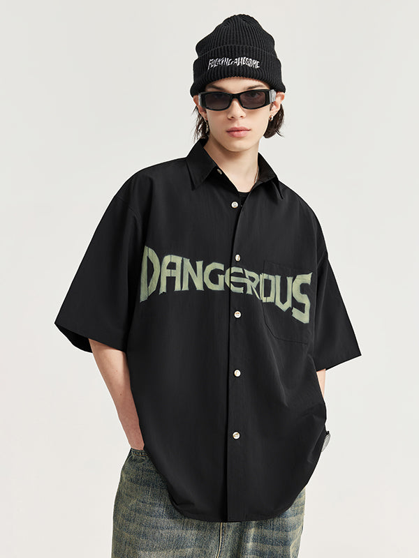 "DANGEROUS" Short Sleeve Oversized Shirt in Black Color 3