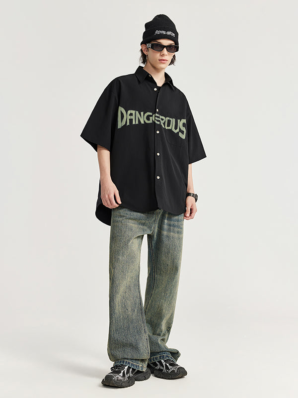 "DANGEROUS" Short Sleeve Oversized Shirt in Black Color 5