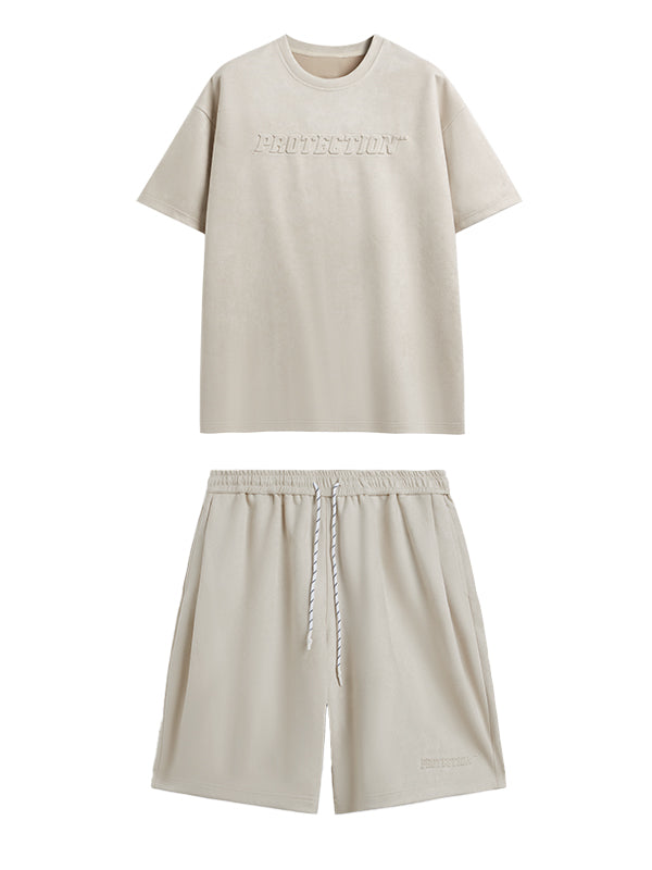 Embossed "Protection" Suede T-Shirt & Shorts Set in Beige Color 4