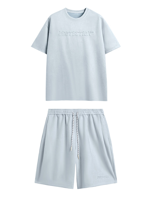 Embossed "Protection" Suede T-Shirt & Shorts Set in Blue Color 4