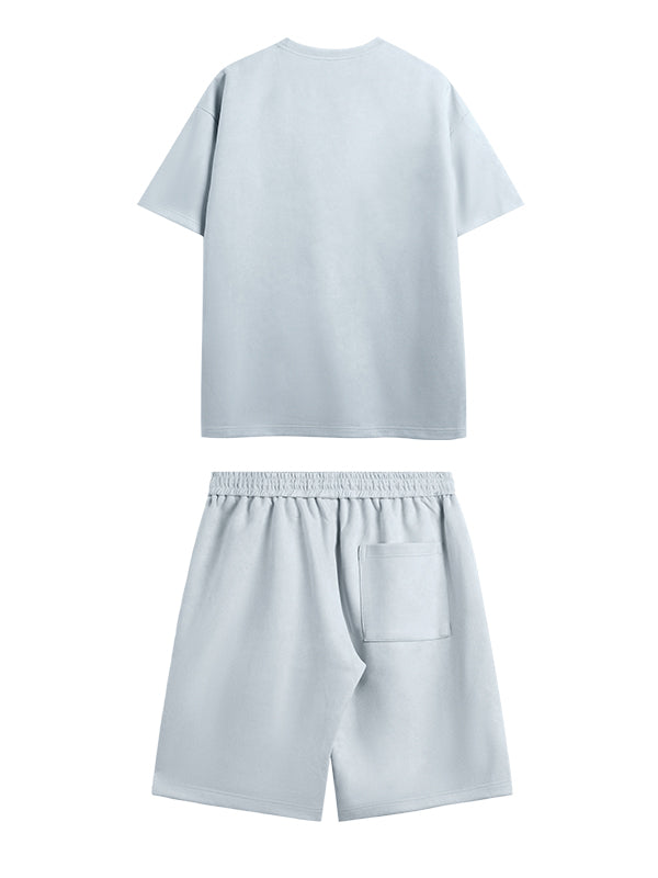 Embossed "Protection" Suede T-Shirt & Shorts Set in Blue Color 6