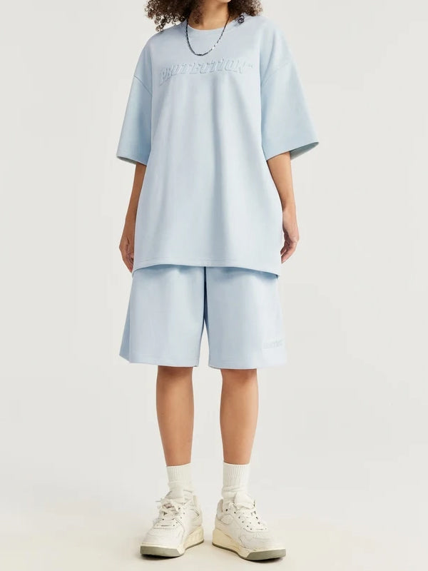 Embossed "Protection" Suede T-Shirt & Shorts Set in Blue Color 8
