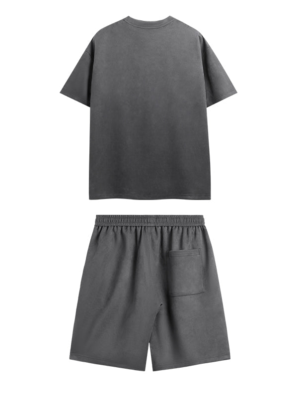 Embossed "Protection" Suede T-Shirt & Shorts Set in Grey Color 5