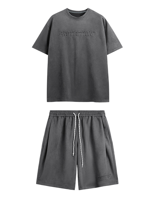 Embossed "Protection" Suede T-Shirt & Shorts Set in Grey Color 6