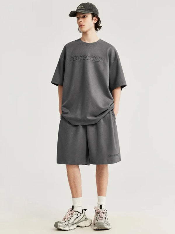 Embossed "Protection" Suede T-Shirt & Shorts Set in Grey Color 8