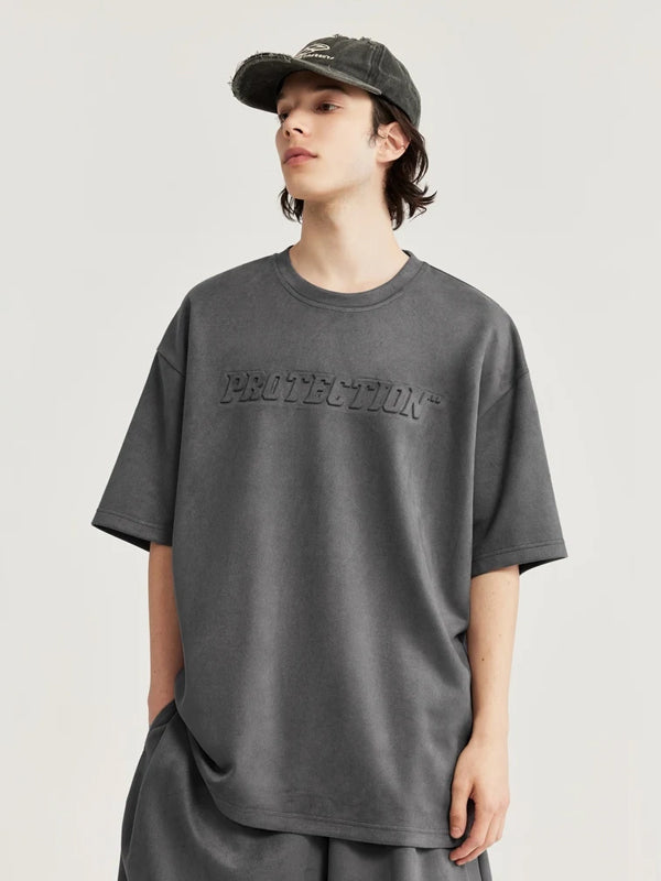 Embossed "Protection" Suede T-Shirt & Shorts Set in Grey Color 9