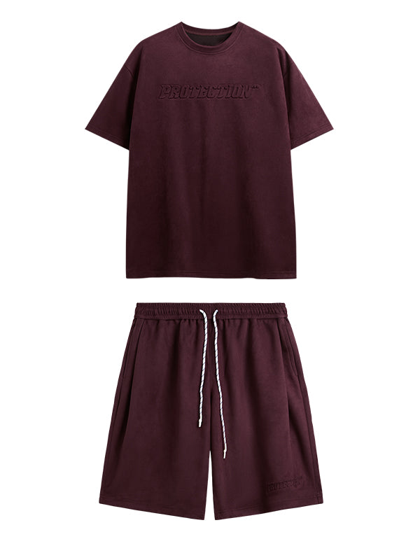 Embossed "Protection" Suede T-Shirt & Shorts Set in Red Color 5