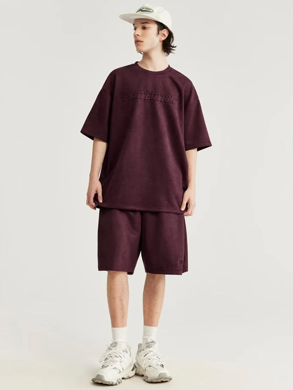 Embossed "Protection" Suede T-Shirt & Shorts Set in Red Color 7