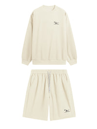 Embroidered "N.E.W"  Pique Long Sleeve T-Shirt & Shorts Set in Beige Color 6