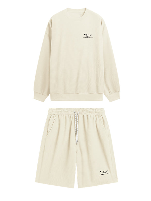 Embroidered "N.E.W"  Pique Long Sleeve T-Shirt & Shorts Set in Beige Color 6