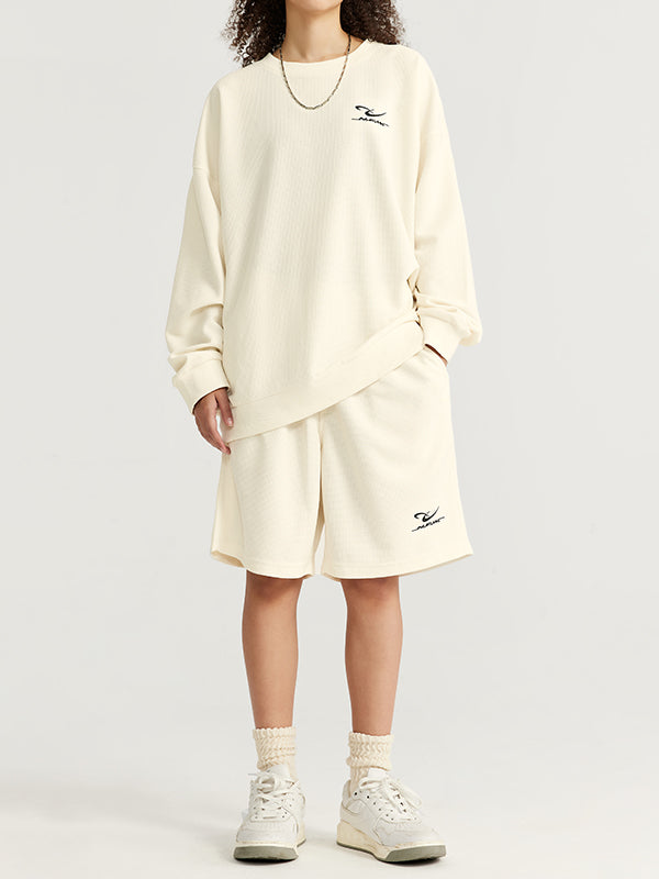Embroidered "N.E.W"  Pique Long Sleeve T-Shirt & Shorts Set in Beige Color 7