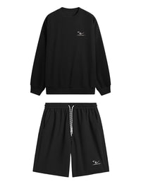 Embroidered "N.E.W"  Pique Long Sleeve T-Shirt & Shorts Set in Black Color 5