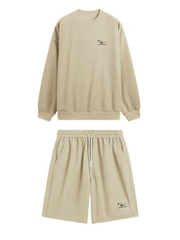 Embroidered "N.E.W"  Pique Long Sleeve T-Shirt & Shorts Set in Khaki ColorEmbroidered "N.E.W"  Pique Long Sleeve T-Shirt & Shorts Set in Khaki Color 4