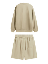Embroidered "N.E.W"  Pique Long Sleeve T-Shirt & Shorts Set in Khaki Color