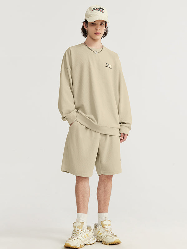 Embroidered "N.E.W"  Pique Long Sleeve T-Shirt & Shorts Set in Khaki Color 7