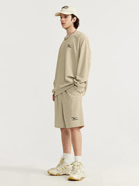 Embroidered "N.E.W"  Pique Long Sleeve T-Shirt & Shorts Set in Khaki Color 8