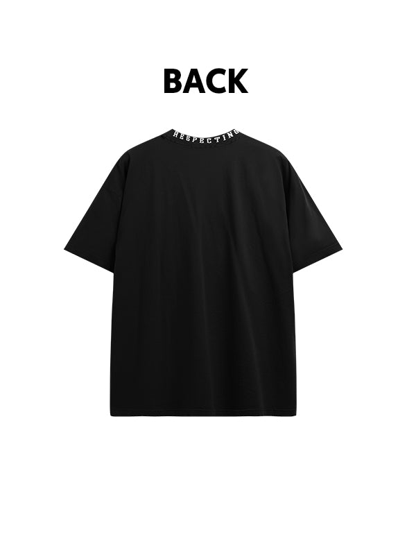 Embroidered "Respecting" Fray Mock Neck T-Shirt in Black Color