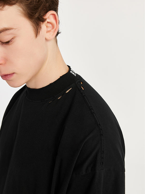 Embroidered "Respecting" Fray Mock Neck T-Shirt in Black Color 7