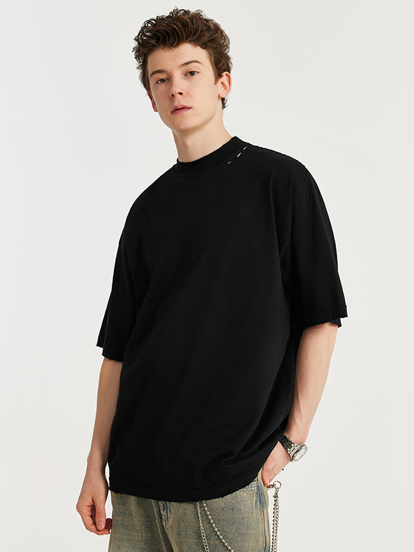 Embroidered "Respecting" Fray Mock Neck T-Shirt in Black Color 8