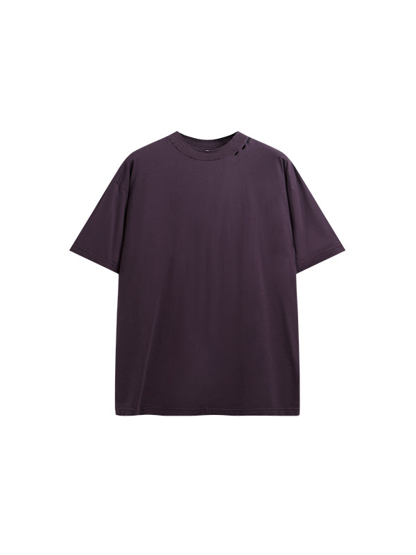 Embroidered "Respecting" Fray Mock Neck T-Shirt in Purple Color