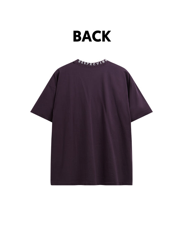Embroidered "Respecting" Fray Mock Neck T-Shirt in Purple Color 2