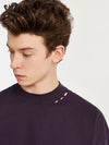 Embroidered "Respecting" Fray Mock Neck T-Shirt in Purple Color 6