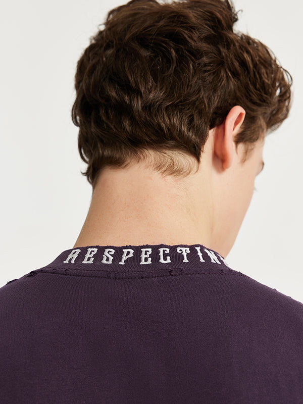 Embroidered "Respecting" Fray Mock Neck T-Shirt in Purple Color 7