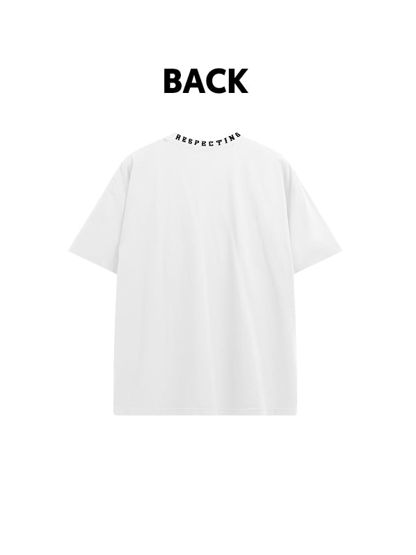 Embroidered "Respecting" Fray Mock Neck T-Shirt in White Color 