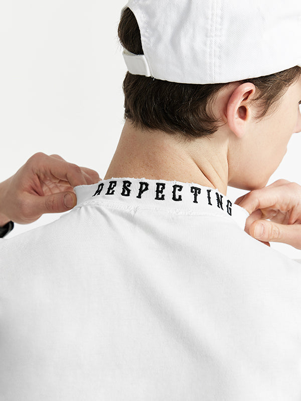 Embroidered "Respecting" Fray Mock Neck T-Shirt in White Color 10