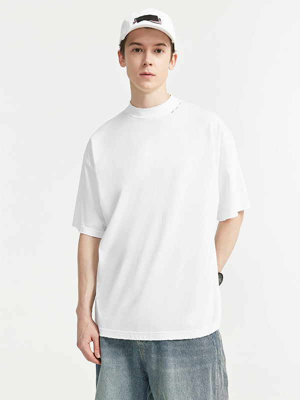 Embroidered "Respecting" Fray Mock Neck T-Shirt in White Color  6