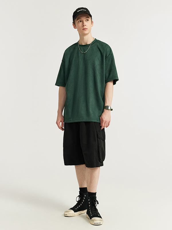 Faux Suede Drop Shoulder T-Shirt in Green Color 3