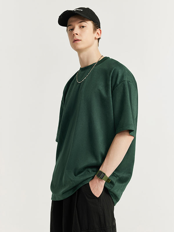 Faux Suede Drop Shoulder T-Shirt in Green Color 4