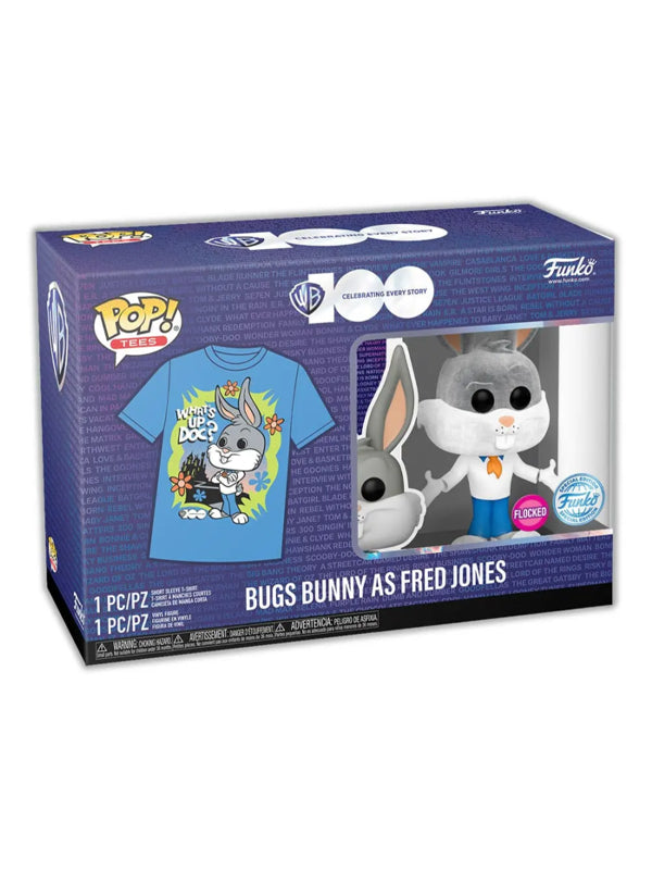 Funko Warner Bros. 100th Anniversary Looney Tunes x Scooby-Doo Bugs Bunny as Fred Jones Flocked Vinyl Figure & T-Shirt Box Set 3