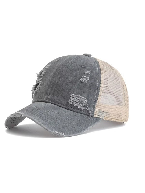 Grey Distressed Curved Brim Trucker Cap