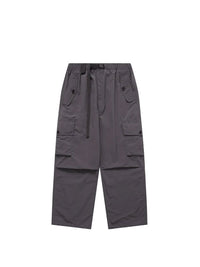 Grey Nylon Cargo Pants with Elastic Waist Belt