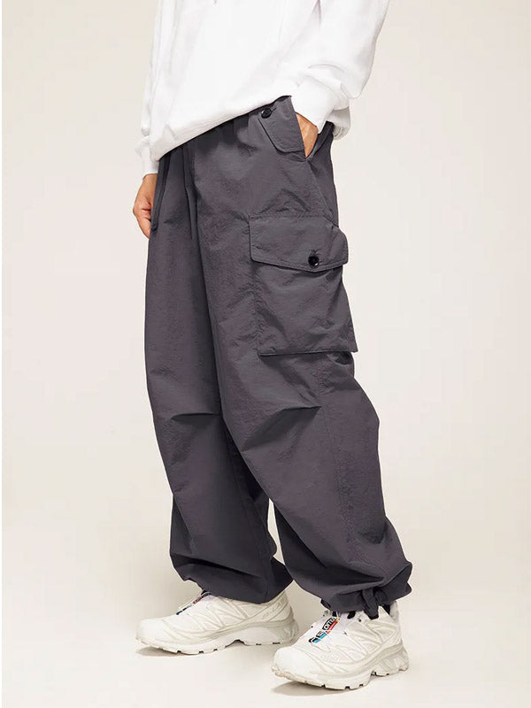 Grey Nylon Cargo Pants with Elastic Waist Belt 4