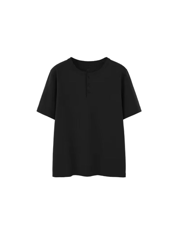 Henley Crew Neck T-Shirt in Black Color