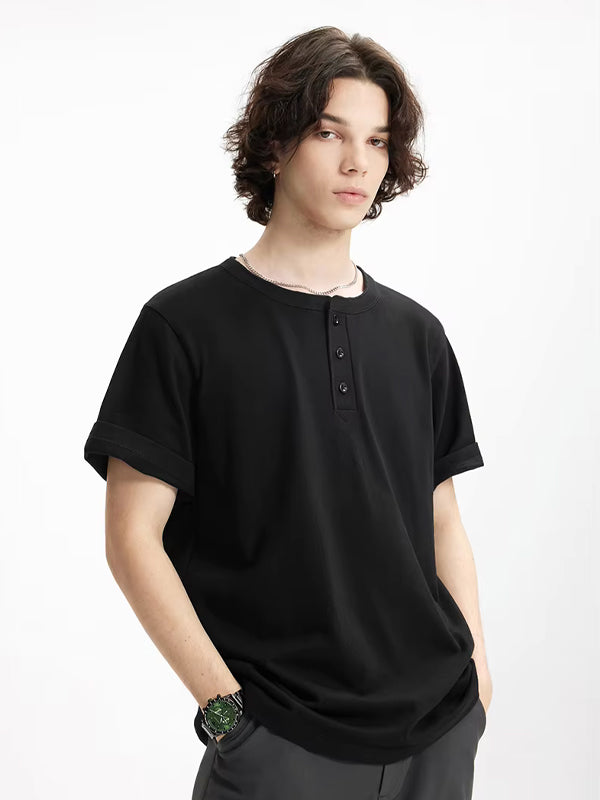 Henley Crew Neck T-Shirt in Black Color 4