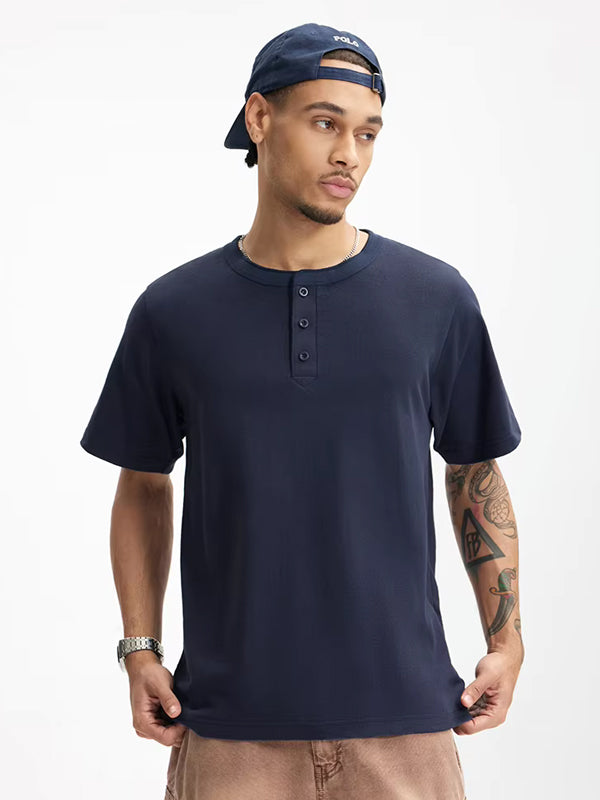 Henley Crew Neck T-Shirt in Navy Blue Color 4