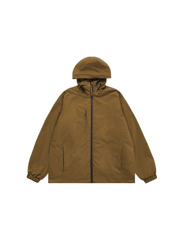 High Collared Wind and Waterproof Hooded Jacket in Brown Color