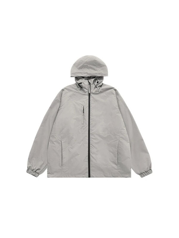 High Collared Wind and Waterproof Hooded Jacket in grey color