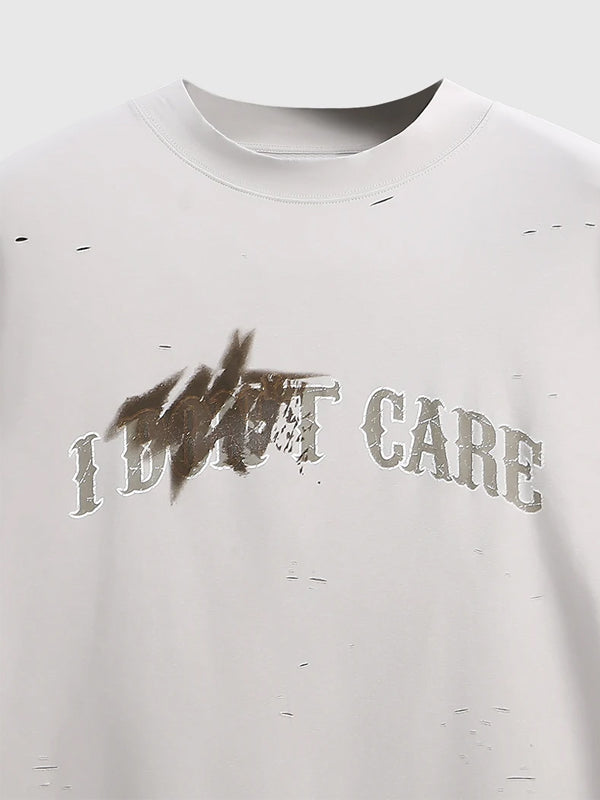 I Don't Care Mock Neck Ripped T-Shirt detail