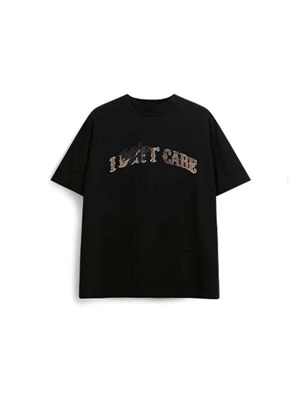 I Don't Care Mock Neck Ripped T-Shirt in Black Color