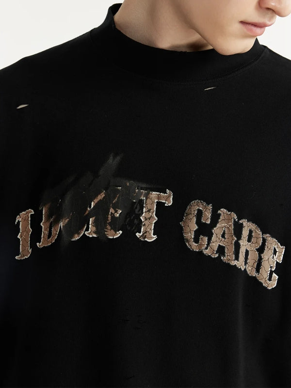 I Don't Care Mock Neck Ripped T-Shirt in Black Color 3