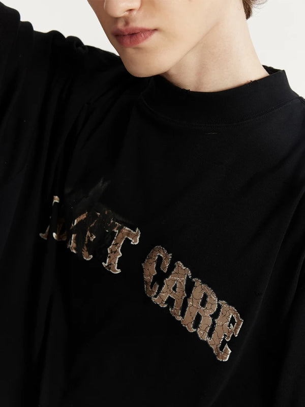 I Don't Care Mock Neck Ripped T-Shirt in Black Color 4