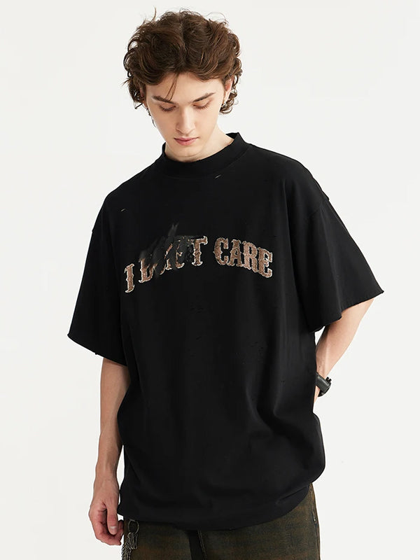 I Don't Care Mock Neck Ripped T-Shirt in Black Color 6