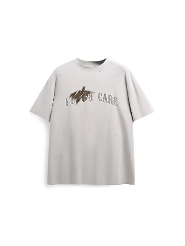 I Don't Care Mock Neck Ripped T-Shirt in Grey Color