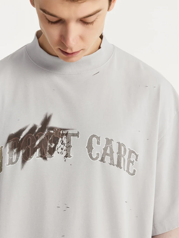 I Don't Care Mock Neck Ripped T-Shirt in Grey Color 3