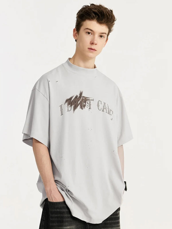 I Don't Care Mock Neck Ripped T-Shirt in Grey Color 6