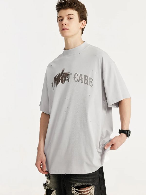 I Don't Care Mock Neck Ripped T-Shirt in Grey Color 7